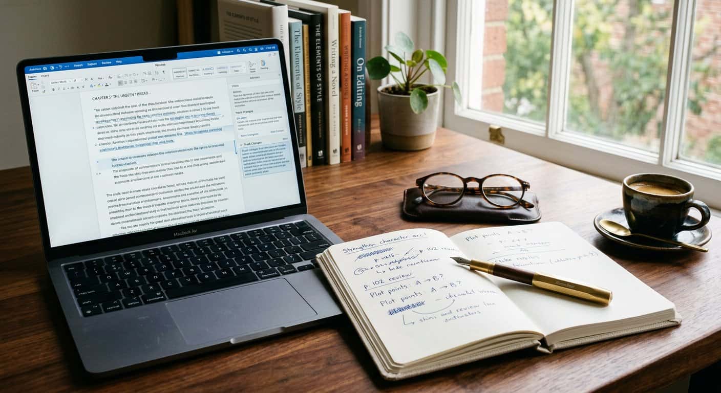 A manuscript open on a laptop screen with tracked changes, reading glasses and a pen on the desk