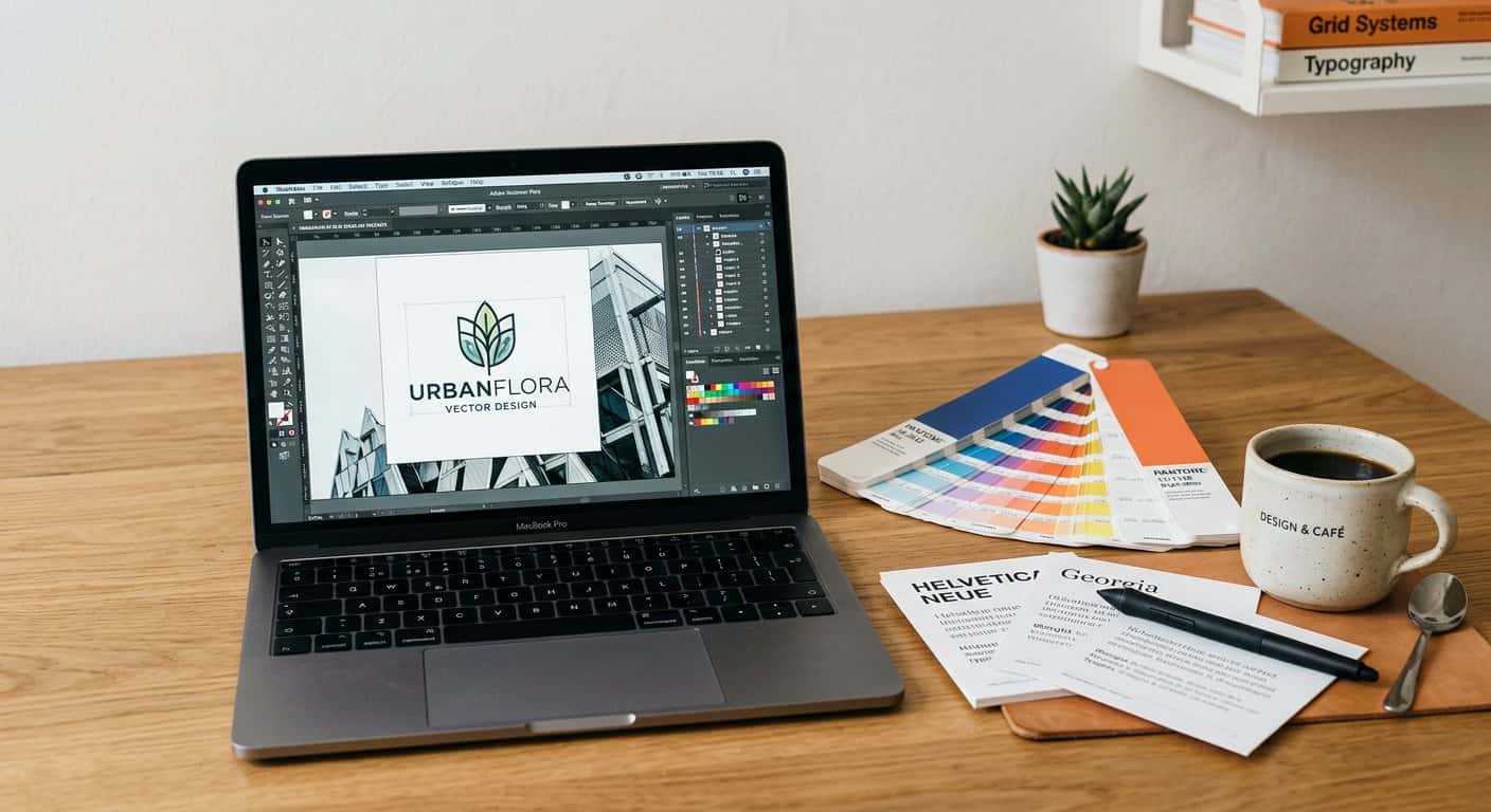 A vector logo edit open on a laptop beside fanned Pantone swatches and type specimens