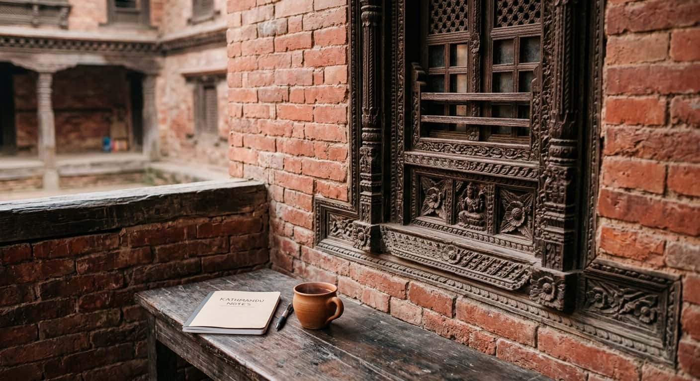 A carved wooden lattice window set in weathered red brick, with a notebook and a clay cup of tea on the ledge below it