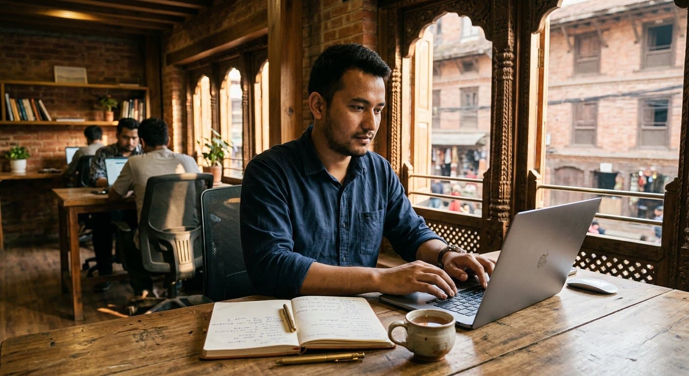 A Nepali developer writing code on a laptop at a wooden table in a brick-and-timber Kathmandu cafe